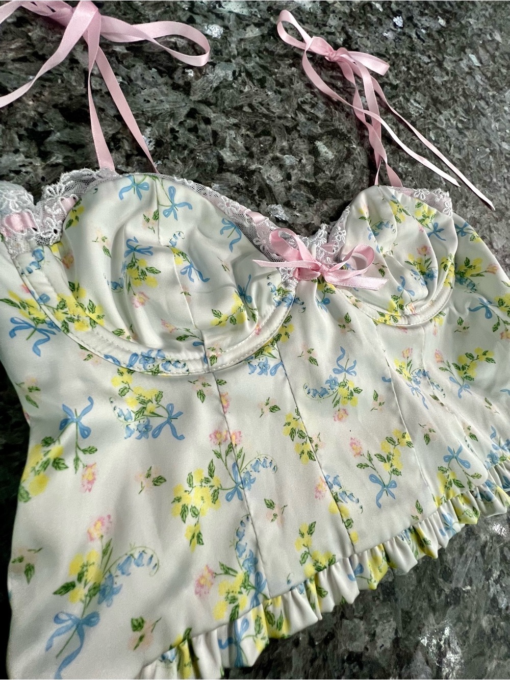 For Love & Lemons XS Charlotte Bustier Crop Top Dainty Floral Ruffle Trim